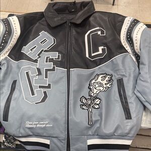 Men's Black and Gray leather Bomber Jacket with Embroidered Patches